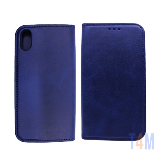 Funda Abatible de Cuero con Bolsillo Interno para Apple iPhone XR Azul